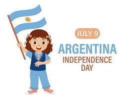 Argentinien Unabhängigkeit Tag. süß wenig Mädchen mit Argentinien Flagge. Karikatur Illustration, Banner, Poster, Vektor