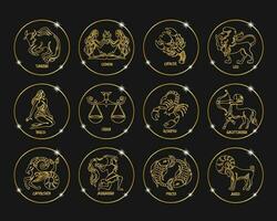 zodiaken tecken i gyllene skinande cirklar, uppsättning. gyllene design på en svart bakgrund. ikoner, vektor