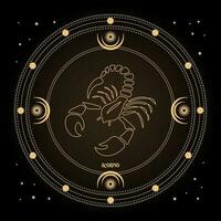 scorpio zodiaken tecken, astro horoskop tecken i en mystisk cirkel med måne, Sol och stjärnor. gyllene design, vektor