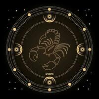 Sternzeichen Skorpion, astrologisches Horoskopzeichen in einem mystischen Kreis mit Mond, Sonne und Sternen. goldenes Design, Vektor