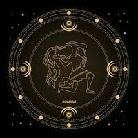 aquarius zodiaken tecken, astro horoskop tecken i en mystisk cirkel med måne, Sol och stjärnor. gyllene design, vektor