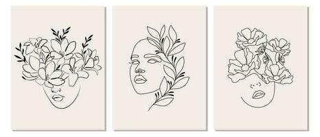 linje konst, uppsättning av porträtt av en kvinna ansikte med blommor, svart linje med abstrakt fläckar. Mars 8 vykort uppsättning, vägg konst, affisch vektor