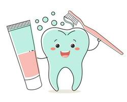 gesund Zahn kawaii Charakter mit Zahnpasta Tube und Zahnbürste, süß Karikatur Charakter. Dental Pflege. Illustration, Symbol, Vektor