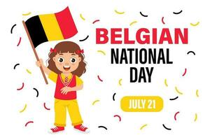 Belgier National Tag. süß wenig Mädchen mit Belgier Flagge. Karikatur Illustration, Banner, Poster, Vektor