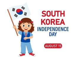 Süd Korea Unabhängigkeit Tag. süß wenig Mädchen mit Süd Korea Flagge. Karikatur Illustration, Banner, Poster, Vektor