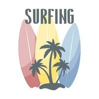 sommar affisch med surfbrädor, handflatan träd och text surfing. sommar illustration, logotyp, vektor