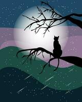 Nacht Landschaft, Silhouette von ein schwarz Katze auf ein Baum Ast und das Mond auf ein abstrakt sternenklar Hintergrund. Poster, Illustration, Hintergrund, Vektor