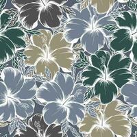 sömlös mönster, blå, grön och beige hibiskus blommor med vit översikt. retro skriva ut, textil, bakgrund, vektor