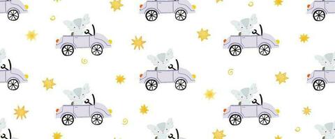 komisch Karikatur Tiere Fahrt das Wagen. süß Kindheit Illustration. nahtlos Muster zum Verpackung Papier. endlos Design zum Kindergarten vektor
