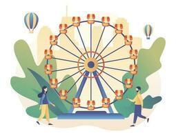 Amüsement Park Konzept. winzig Menschen mit Karussells, Walze Untersetzer, Luft Ballon, Zirkus, Spaß Messe und Karneval. modern eben Karikatur Stil. Vektor Illustration