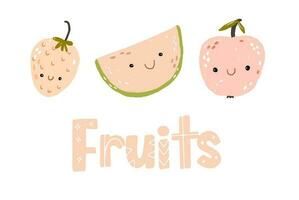Sammlung von Früchte im eben Hand gezeichnet Illustrationen. tropisch Früchte. Zutaten Farbe Clip Art. isoliert Obst Symbole auf ein Weiß Hintergrund. vektor