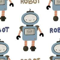 nahtlos Muster mit anders Jahrgang Roboter. Hand gemalt Illustration. isoliert endlos wiederholen Farbe einfach eben Muster mit Roboter, Schrauben, Beschriftung und Kritzeleien. Muster zum Kinder mit Roboter vektor