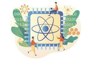 Quantum Computing Konzept. optisch Technologie, Photonik Forschung. winzig Menschen Ingenieure und Wissenschaftler Arbeiten mit groß Quantum Computer Chip. modern eben Karikatur Stil. Vektor Illustration