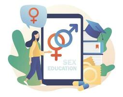 Sexual- Bildung App. Empfängnisverhütung und Reproduktion System. Sexual- Gesundheit Lektion zum winzig Personen. Mensch Sexualität. modern eben Karikatur Stil. Vektor Illustration auf Weiß Hintergrund