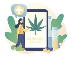 Cannabis medizinisch online Verkauf. cbd Anbau Geschäft, Verteilung von Hanf Produkte, Marihuana Der Umsatz Markt. modern eben Karikatur Stil. Vektor Illustration auf Weiß Hintergrund