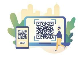 qr Code Scannen Konzept. winzig männlich Scan Code mit Smartphone und Laptop. modern eben Karikatur Stil. Vektor Illustration auf Weiß Hintergrund