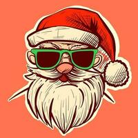 Illustration von ein Santa claus Kopf tragen Grün Sonnenbrille und ein rot Weihnachten Hut. Vektor von ein alt Mann im Winter Kleider