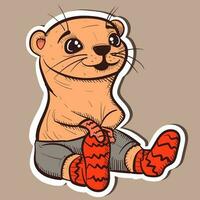Illustration von ein süß Otter tragen Hose, Handschuhe und Wolle Socken. Vektor von ein Tier tragen warm Kleider zum fallen und Winter Jahreszeit