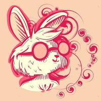 digital konst av en söt vit kanin med söt och rosa solglasögon. vektor av en kanin huvud med blommig motiv runt om den