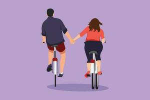 Karikatur eben Stil Zeichnung glücklich Paar Reiten Fahrräder im Wiese zurück zu Kamera und halten Hand. jung romantisch Mann und Frau im Liebe. glücklich romantisch verheiratet Paar. Grafik Design Vektor Illustration