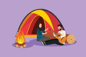 Karikatur eben Stil Zeichnung romantisch arabisch Paar Camping. Wohnmobil Sitzung durch Lagerfeuer Nächster zu Lager Zelt, Mann spielen Gitarre mit seine Freundin, Menschen genießen Natur. Grafik Design Vektor Illustration