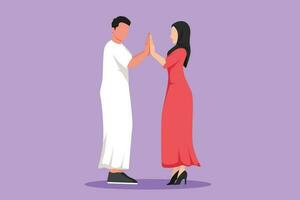 tecknad serie platt stil teckning man och kvinna innehav händer och ser i varje Övrig ögon. romantisk arab par i kärlek utgifterna tid tillsammans utomhus. Lycklig familj. grafisk design vektor illustration