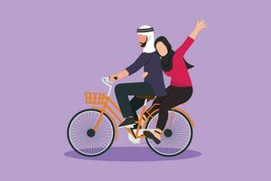 tecknad serie platt stil teckning romantisk arab par ha roligt ridning på cykel. Lycklig man och kvinna cykling med innehav händer tillsammans. samhörighet av Make och fru. grafisk design vektor illustration