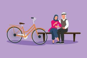 Karikatur eben Stil Zeichnung romantisch Paar chatten während Sitzung auf Bank. arabisch Teenager Paar Reiten Fahrrad und nehmen ein sich ausruhen beim Stadt Park. jung Mann und Frau im Liebe. Grafik Design Vektor Illustration