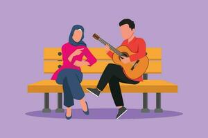 Karikatur eben Stil Zeichnung arabisch Menschen Sitzung auf hölzern Bank im Park. romantisch Paar auf Datum, glücklich Mann spielen Musik- auf Gitarre, Mädchen Hör mal zu und Singen zusammen. Grafik Design Vektor Illustration