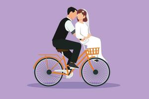 tecknad serie platt stil teckning romantisk gift par ridning cykel. stilig man och Söt kvinna i kärlek med bröllop klänning. Lycklig gift par cykling tillsammans. grafisk design vektor illustration