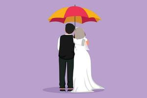 Karikatur eben Stil Zeichnung zurück Aussicht von verheiratet Paar im Regen. Paar im Liebe Gehen unter Regen mit Regenschirm. süß Mann und Frau sind Gehen mit Hochzeit Kleid. Grafik Design Vektor Illustration