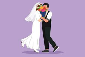 Grafik eben Design Zeichnung von süß verheiratet Paar umarmen und küssen hinter Strauß von Blumen. glücklich gut aussehend Mann und ziemlich Frau feiern Hochzeit Jubiläum. Karikatur Stil Vektor Illustration