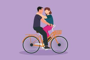 grafisk platt design teckning av romantisk par ridning på cykel tillsammans. Lycklig man och kvinna cyklist kramas och kissing varje Övrig. människor njuter utomhus aktivitet. tecknad serie stil vektor illustration
