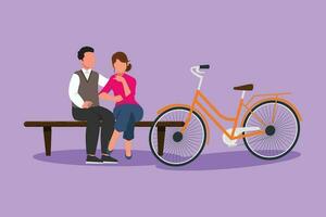 Charakter eben Zeichnung romantisch Paar chatten während Sitzung auf Bank. romantisch Teenager Paar Reiten Fahrrad und nehmen ein sich ausruhen beim Stadt Park. jung Mann und Frau im Liebe. Karikatur Design Vektor Illustration