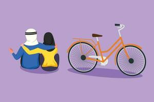 karaktär platt teckning tillbaka se romantisk Tonårs par Sammanträde på utomhus stad parkera med cykel Nästa till dem. arab man och kvinna i kärlek. Lycklig gift par. tecknad serie design vektor illustration