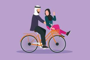 karaktär platt teckning söt romantisk arab par på datum ridning cykel. ung man och kvinna i kärlek. Lycklig gift par cykling tillsammans. härlig relation. tecknad serie design vektor illustration