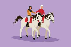 tecknad serie platt stil teckning romantisk arab par ridning hästar hand i hand på solnedgång. Lycklig man framställning förslag äktenskap till kvinna. engagemang och kärlek relation. grafisk design vektor illustration