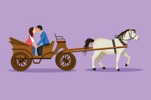 Charakter eben Zeichnung Hochzeit romantisch Paar versuchen Kuss jeder andere. Mann und ziemlich Frau gerade verheiratet. glücklich Braut und Bräutigam Sitzung im Wagen gezogen durch Pferd. Karikatur Design Vektor Illustration