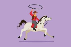 Grafik eben Design Zeichnung stilisiert Cowboy auf Pferd galoppierend über staubig Feld. glücklich Cowboy auf ruckeln Pferd Laufen mit Lasso. Cowboy mit Seil Lasso auf Pferd. Karikatur Stil Vektor Illustration