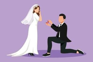 Karikatur eben Stil Zeichnung Mann kniend halten Engagement Ring vorschlagen Frau heiraten ihm Ehe mit Hochzeit Kleid. Kerl auf Knie vorschlagen Schönheit Mädchen zu heiraten. Grafik Design Vektor Illustration