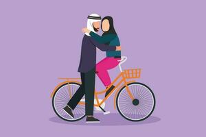Karikatur eben Stil Zeichnung romantisch arabisch Paar Sitzung auf Fahrrad und küssen jeder andere. Beziehungen, Liebe Geschichte, frisch verheiratet Familie im Flitterwochen Reisen Abenteuer. Grafik Design Vektor Illustration