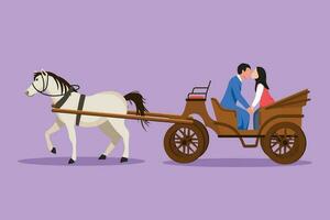 Karikatur eben Stil Zeichnung romantisch arabisch Paar versuchen Kuss jeder andere. Mann und ziemlich Frau gerade verheiratet. glücklich Braut und Bräutigam Sitzung im Wagen gezogen durch Pferd. Grafik Design Vektor Illustration