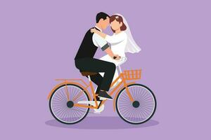 Karikatur eben Stil Zeichnung glücklich verheiratet Mann und Schönheit Frau Reiten Fahrrad Gesicht zu Gesicht im Hochzeit Tag. süß romantisch Paar Reiten Fahrrad zusammen beim Stadt Park. Grafik Design Vektor Illustration