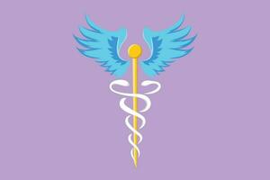 Karikatur eben Stil Zeichnung Caduceus Logo, medizinisch Center, Apotheke, Krankenhaus mit Beliebt Symbol von Medizin. medizinisch Gesundheit Pflege Symbol, Logo, Etikett, Aufkleber, Karte. Grafik Design Vektor Illustration