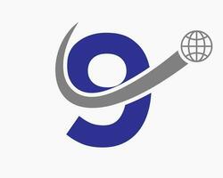 Brief 9 global Logo Design. Welt Logo Symbol Vektor Vorlage