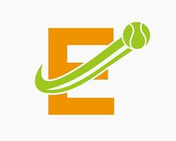 tennis logotyp på brev e. tennis sport akademi, klubb logotyp tecken vektor