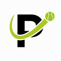 tennis logotyp design på brev p mall. tennis sport akademi, klubb logotyp vektor