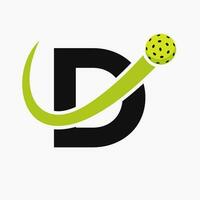 brev d pickleball logotyp begrepp med rör på sig ättikslag boll symbol. ättikslag boll logotyp vektor