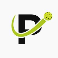 brev p pickleball logotyp begrepp med rör på sig ättikslag boll symbol. ättikslag boll logotyp vektor