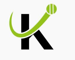 brev k cricket logotyp begrepp med rör på sig boll ikon för cricket klubb symbol. kricketspelare tecken vektor